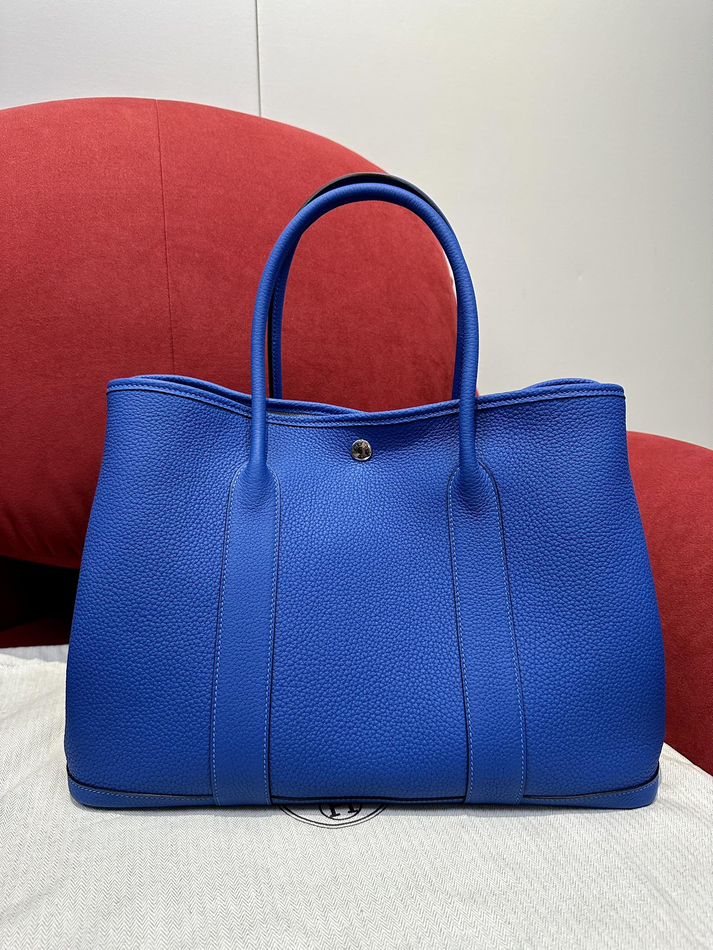 Hermes Garden Party 30cm Tote Handbag In Blue Clemence Leather